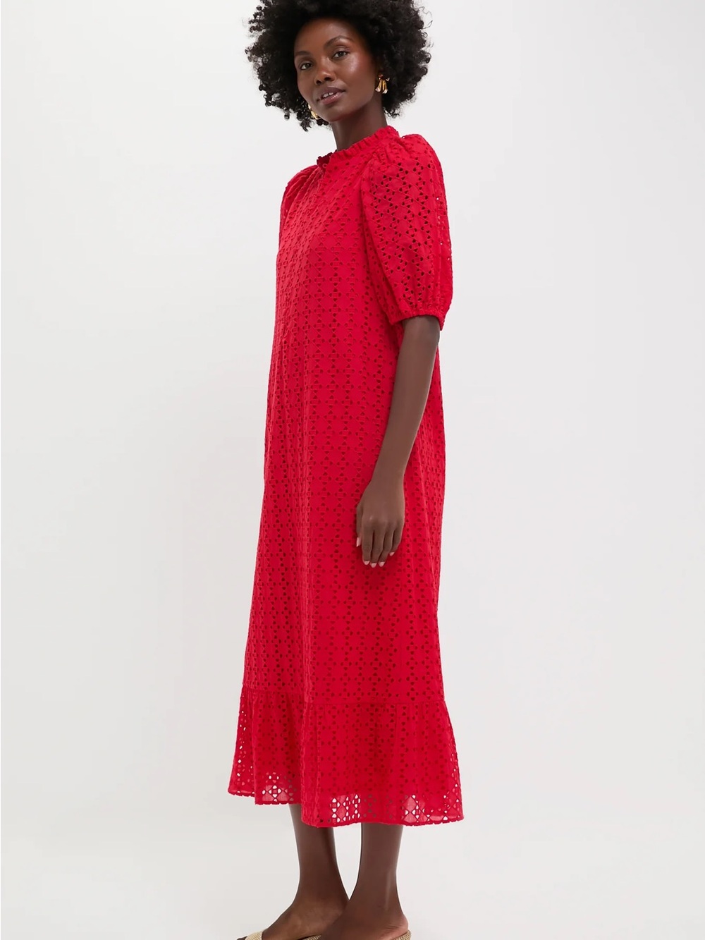 Tuckernuck Red Eyelet Lace Tryall Midi Dress with Puff Sleeves - Picture 4 of 6
